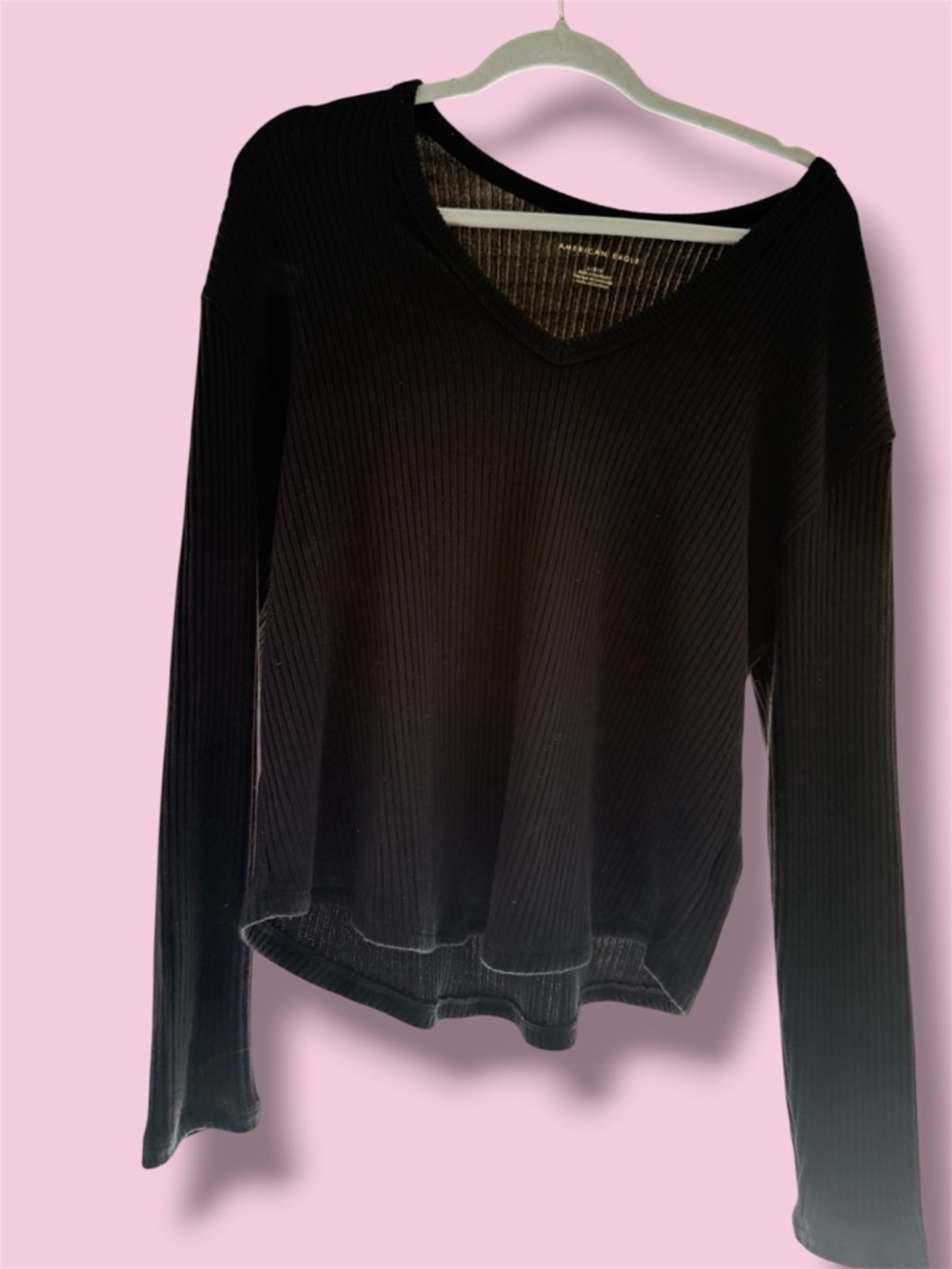 American Eagle Outfitters Black Ribbed V-Neck Long Sleeve Top